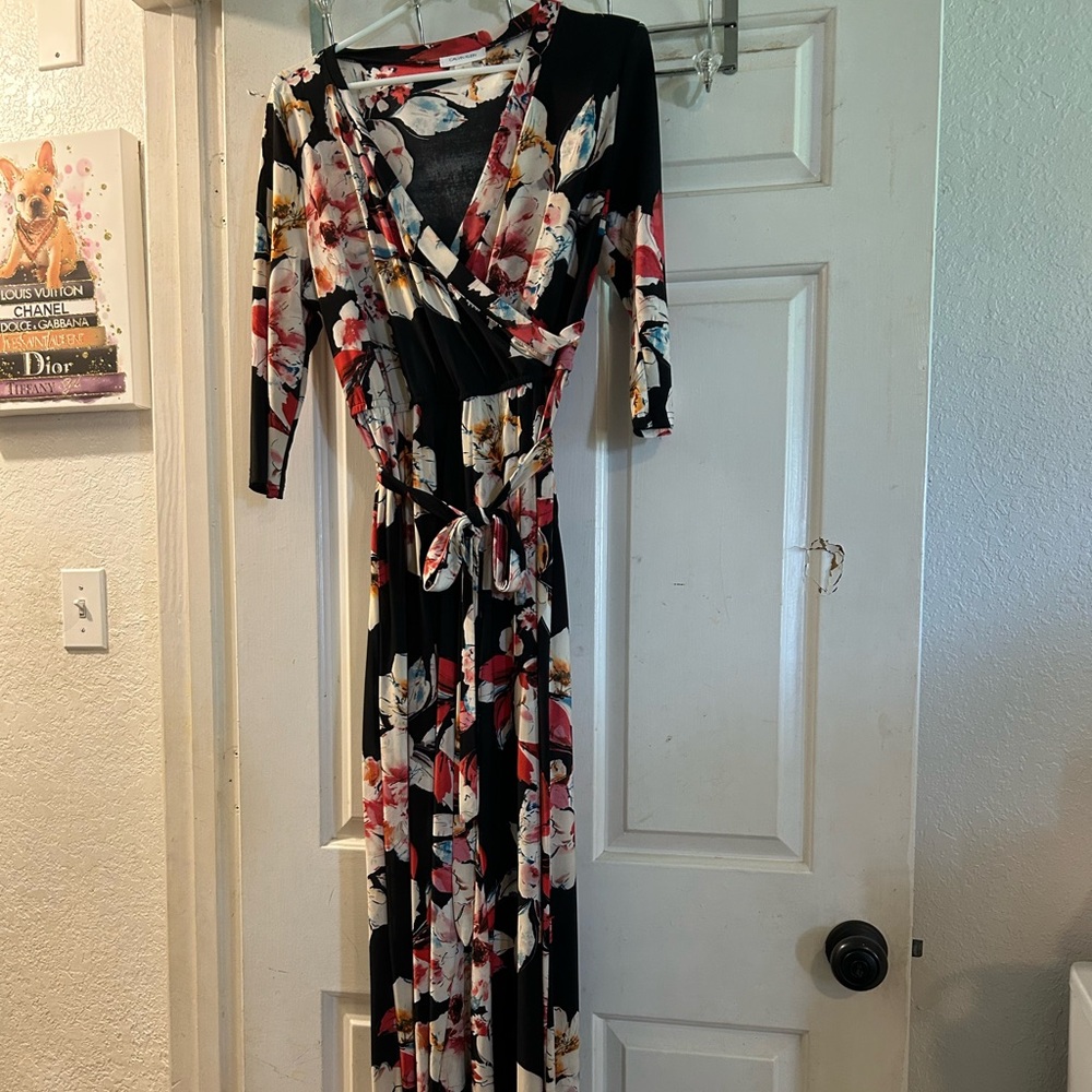 Calvin Klein Black Floral Wrap Maxi Dress with Red and White Flowers